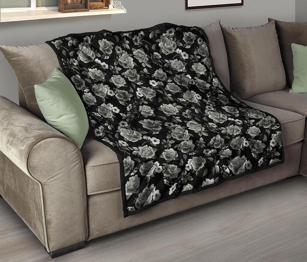 Monochrome Rose Floral Pattern Print Quilt