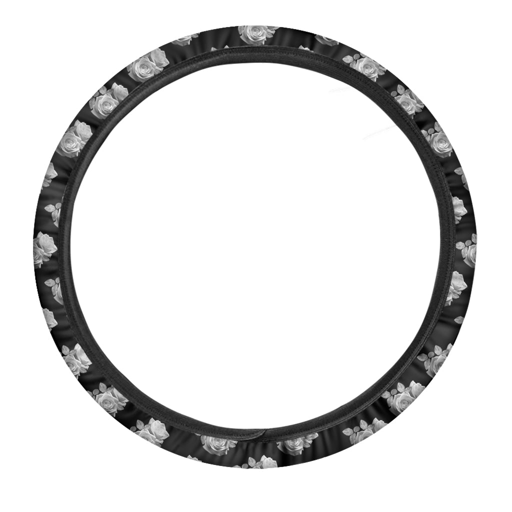 Monochrome Rose Pattern Print Car Steering Wheel Cover