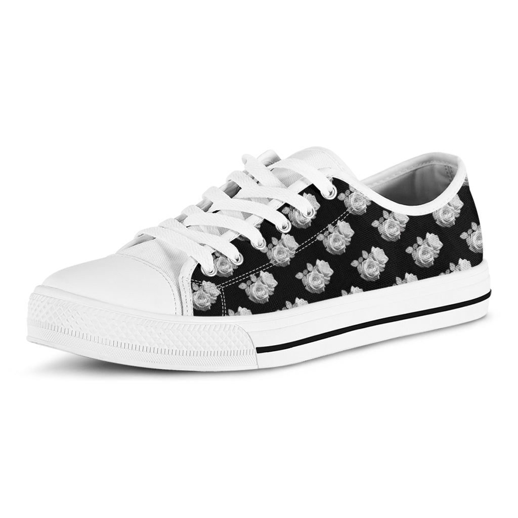 Monochrome Rose Pattern Print White Low Top Shoes