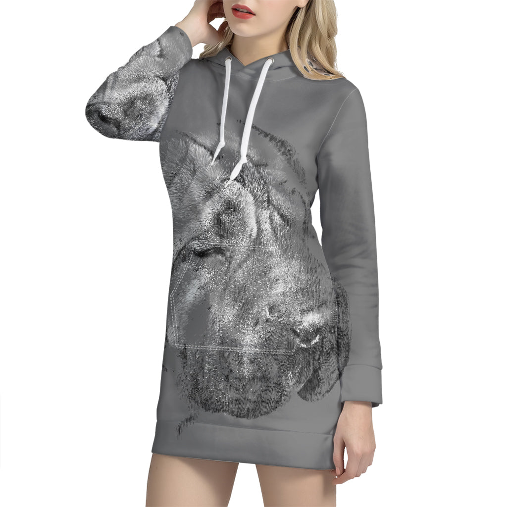 Monochrome Shar Pei Print Pullover Hoodie Dress