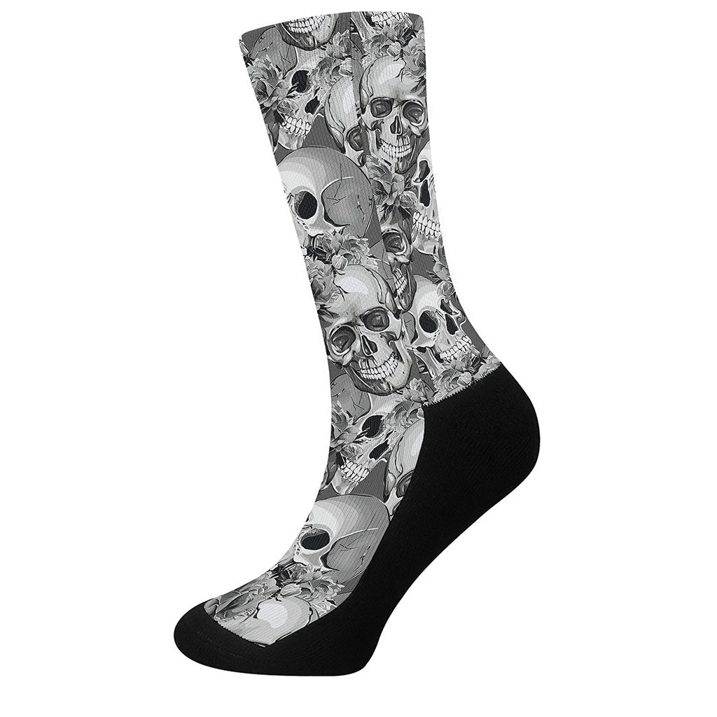 Monochrome Skull Flowers Pattern Print Crew Socks