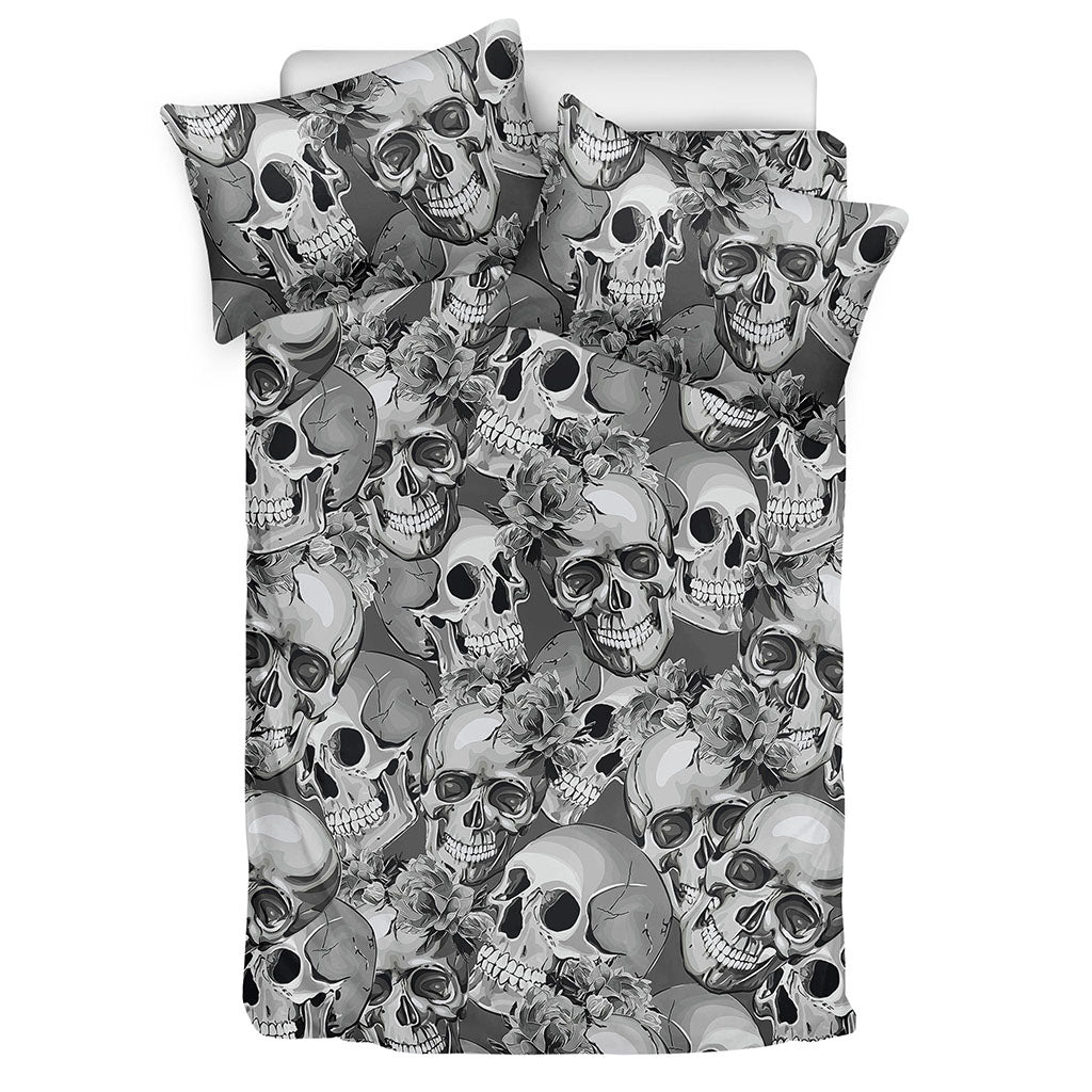 Monochrome Skull Flowers Pattern Print Duvet Cover Bedding Set