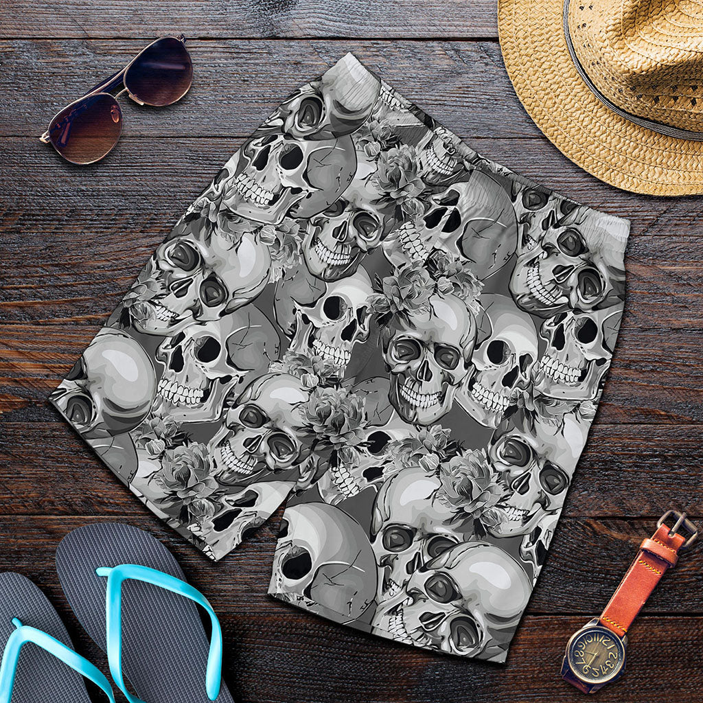 Monochrome Skull Flowers Pattern Print Men's Shorts