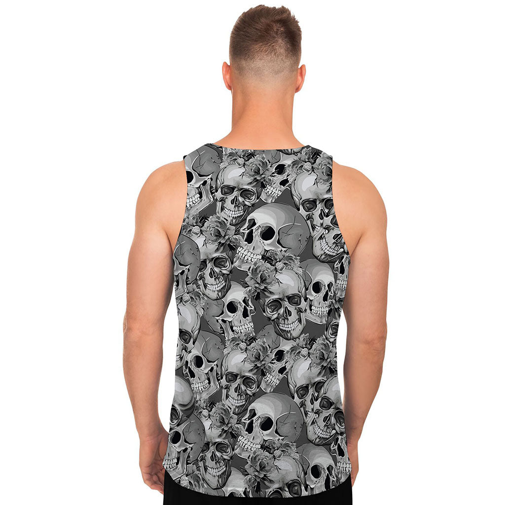Monochrome Skull Flowers Pattern Print Men's Tank Top