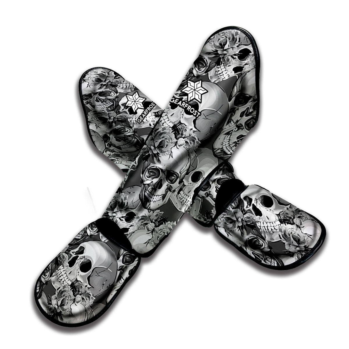 Monochrome Skull Flowers Pattern Print Muay Thai Shin Guard