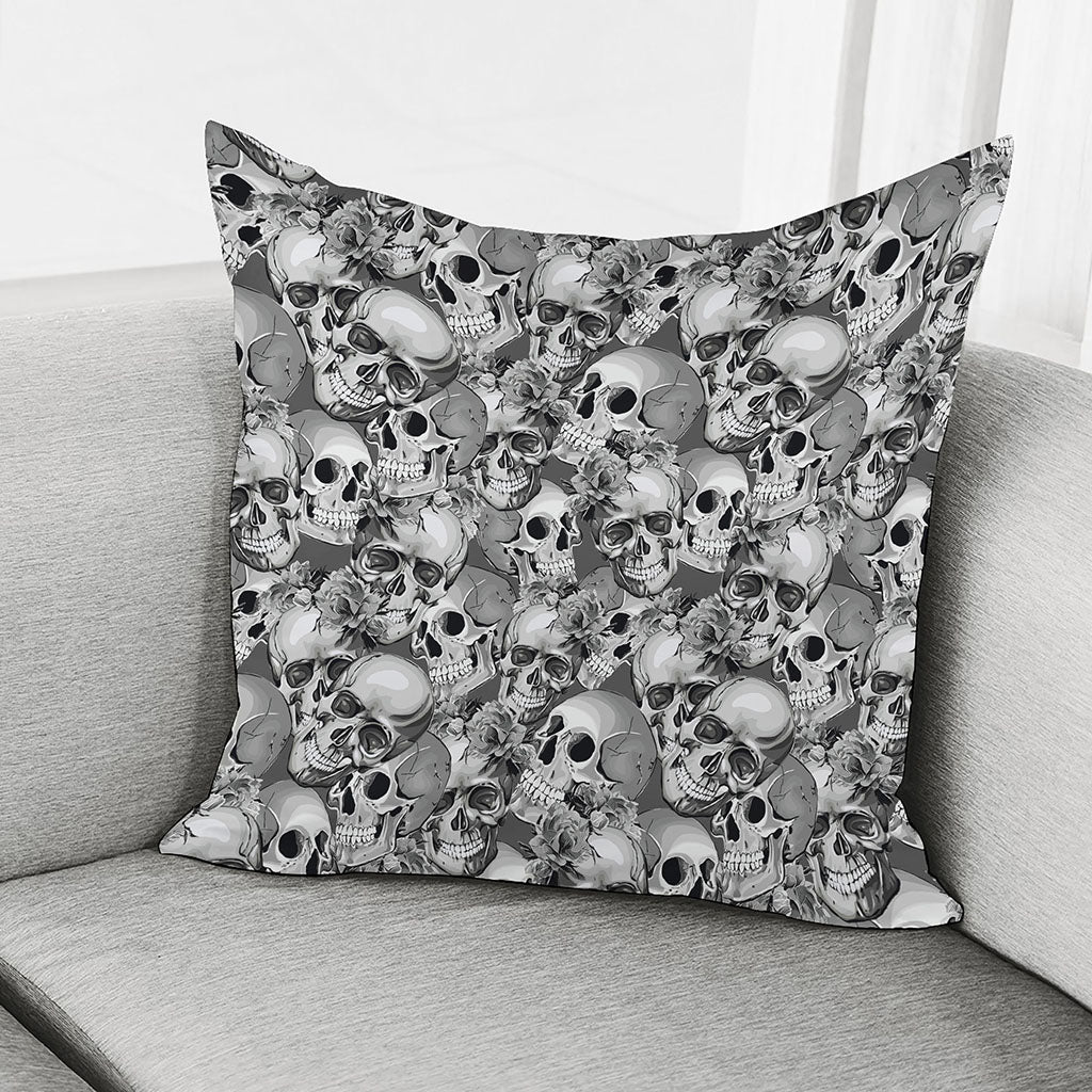 Monochrome Skull Flowers Pattern Print Pillow Cover