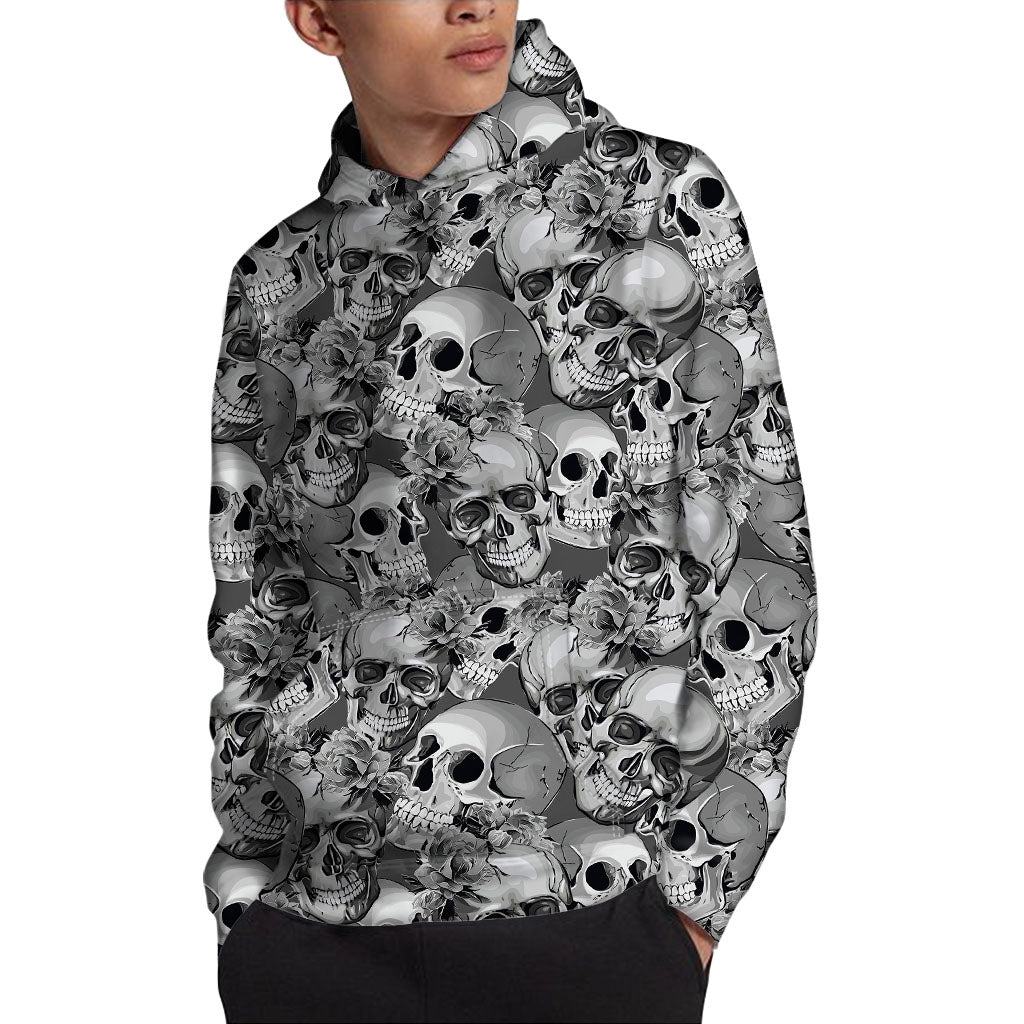 Monochrome Skull Flowers Pattern Print Pullover Hoodie