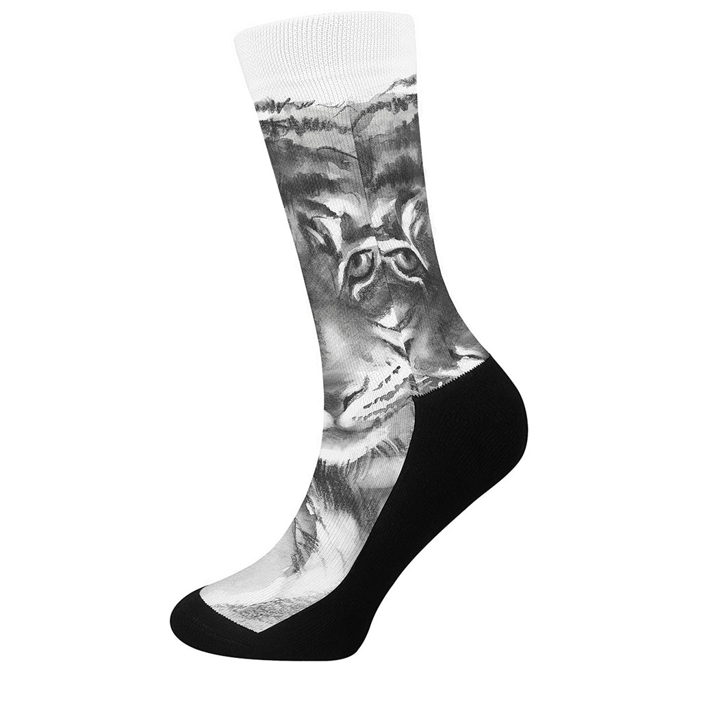 Monochrome Watercolor White Tiger Print Crew Socks
