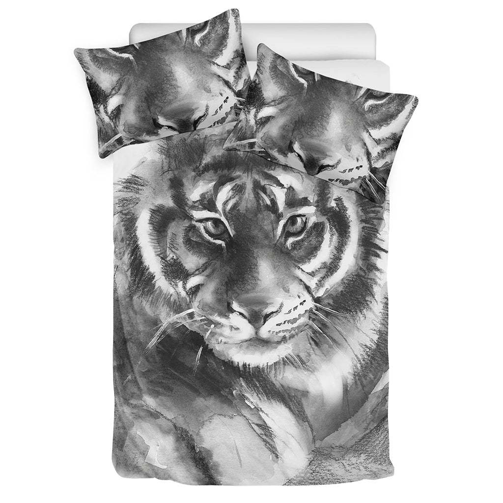 Monochrome Watercolor White Tiger Print Duvet Cover Bedding Set