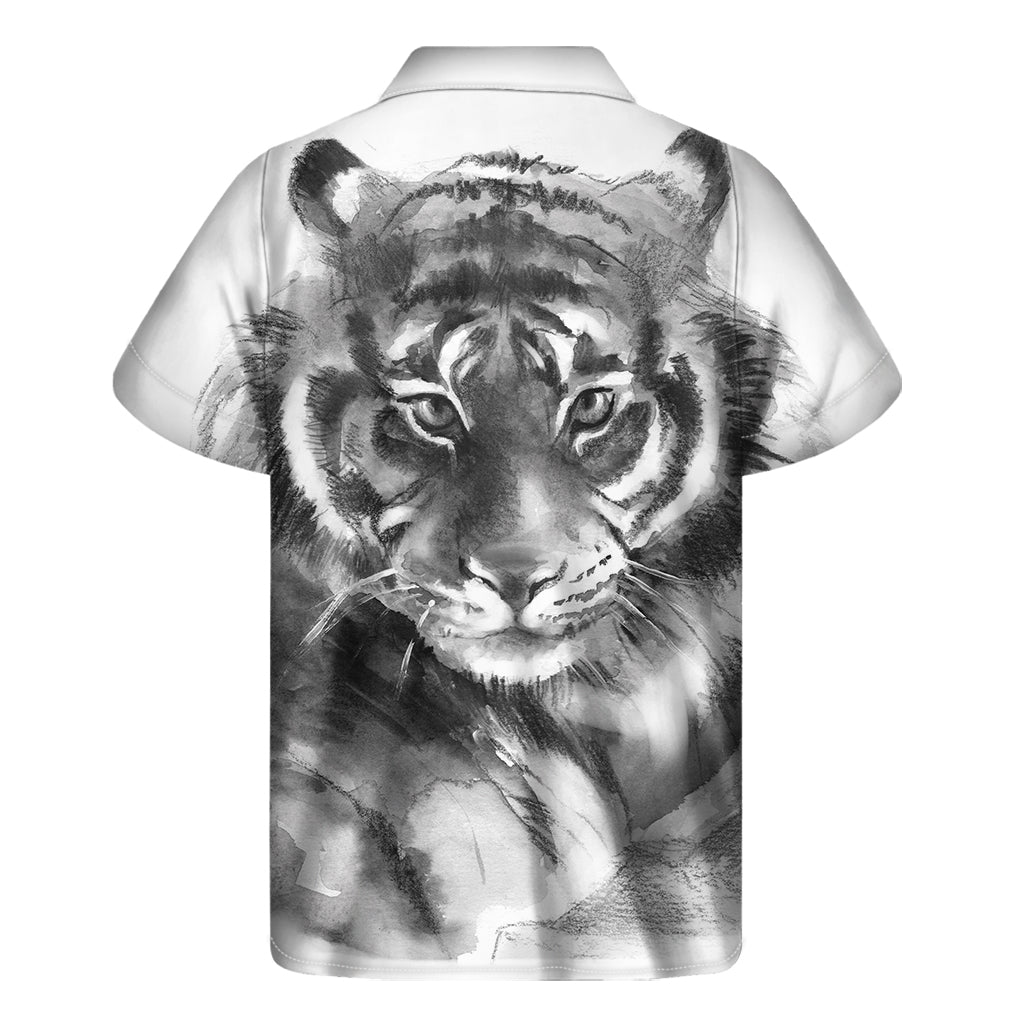 Monochrome Watercolor White Tiger Print Men's Short Sleeve Shirt