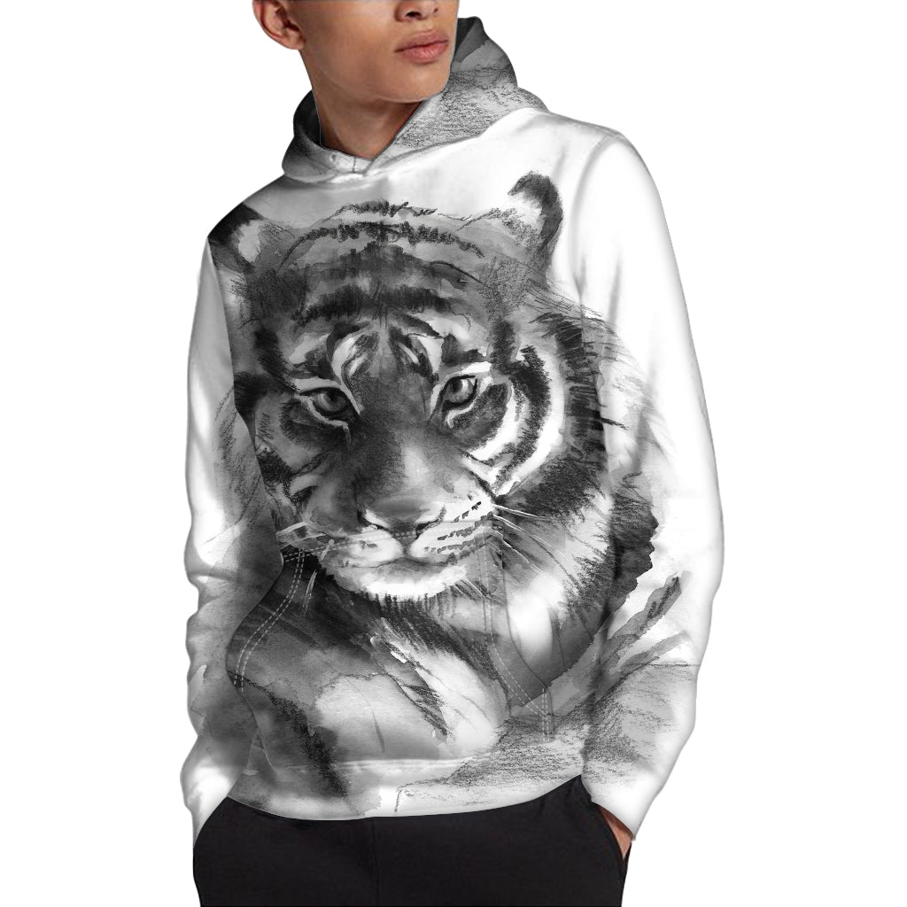 Monochrome Watercolor White Tiger Print Pullover Hoodie