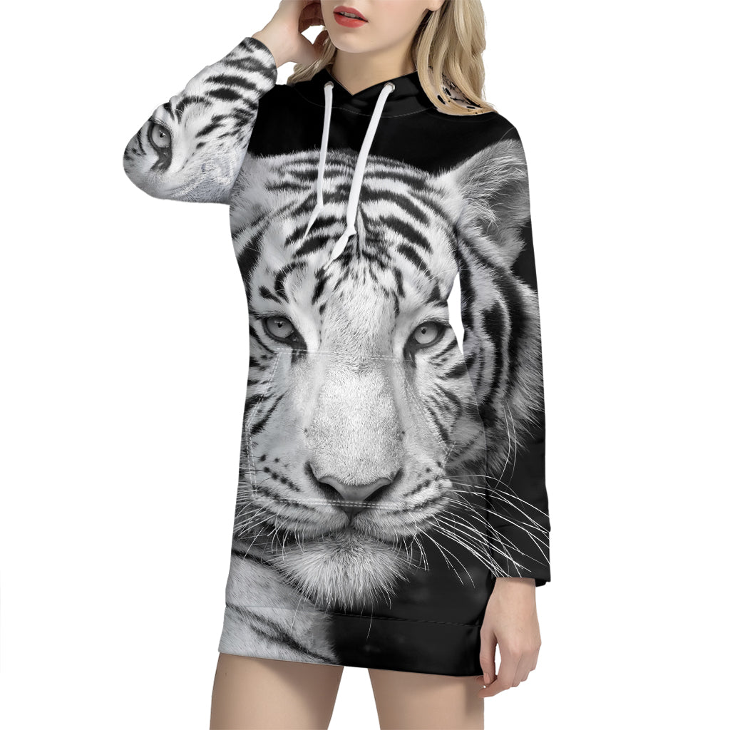 Monochrome White Bengal Tiger Print Pullover Hoodie Dress