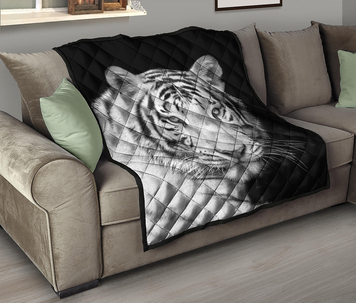 Monochrome White Bengal Tiger Print Quilt