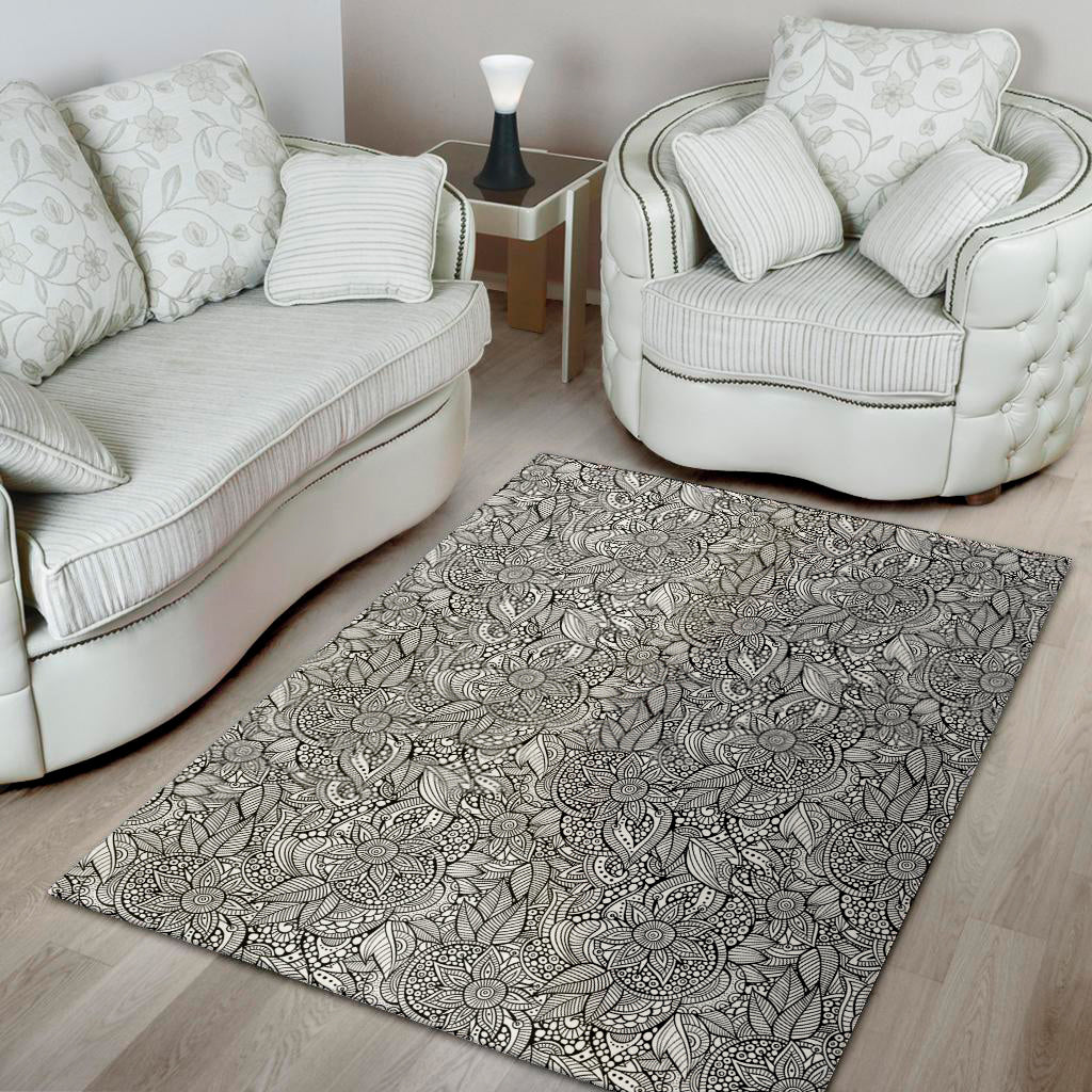 Monochrome Zentangle Pattern Print Area Rug