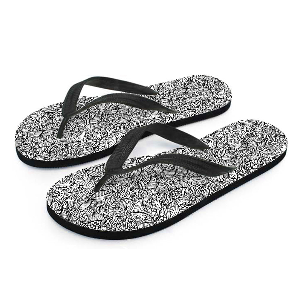 Monochrome Zentangle Pattern Print Flip Flops