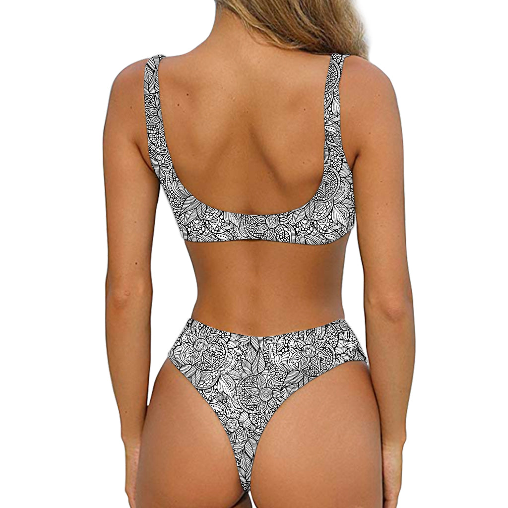 Monochrome Zentangle Pattern Print Front Bow Tie Bikini