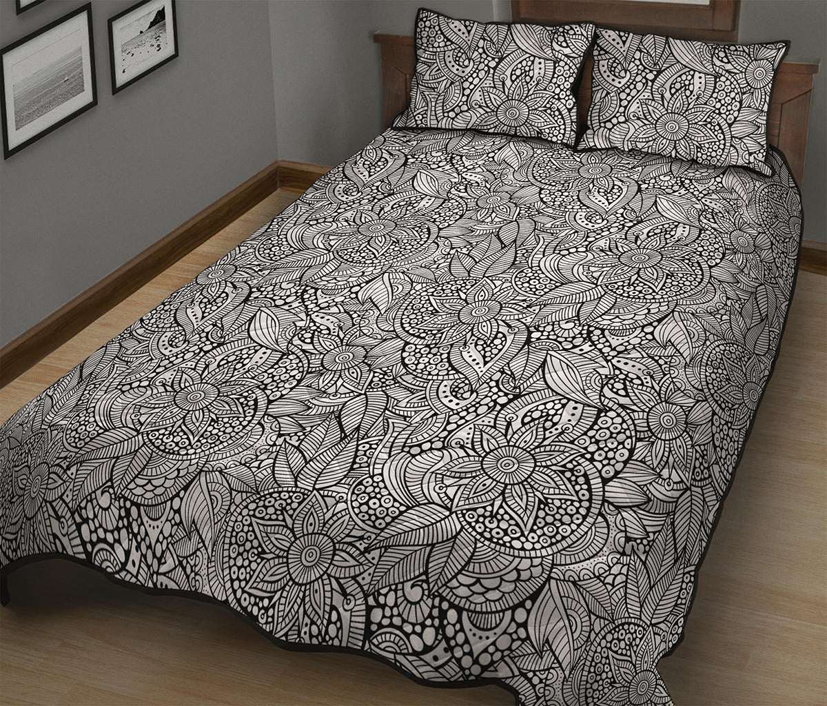 Monochrome Zentangle Pattern Print Quilt Bed Set