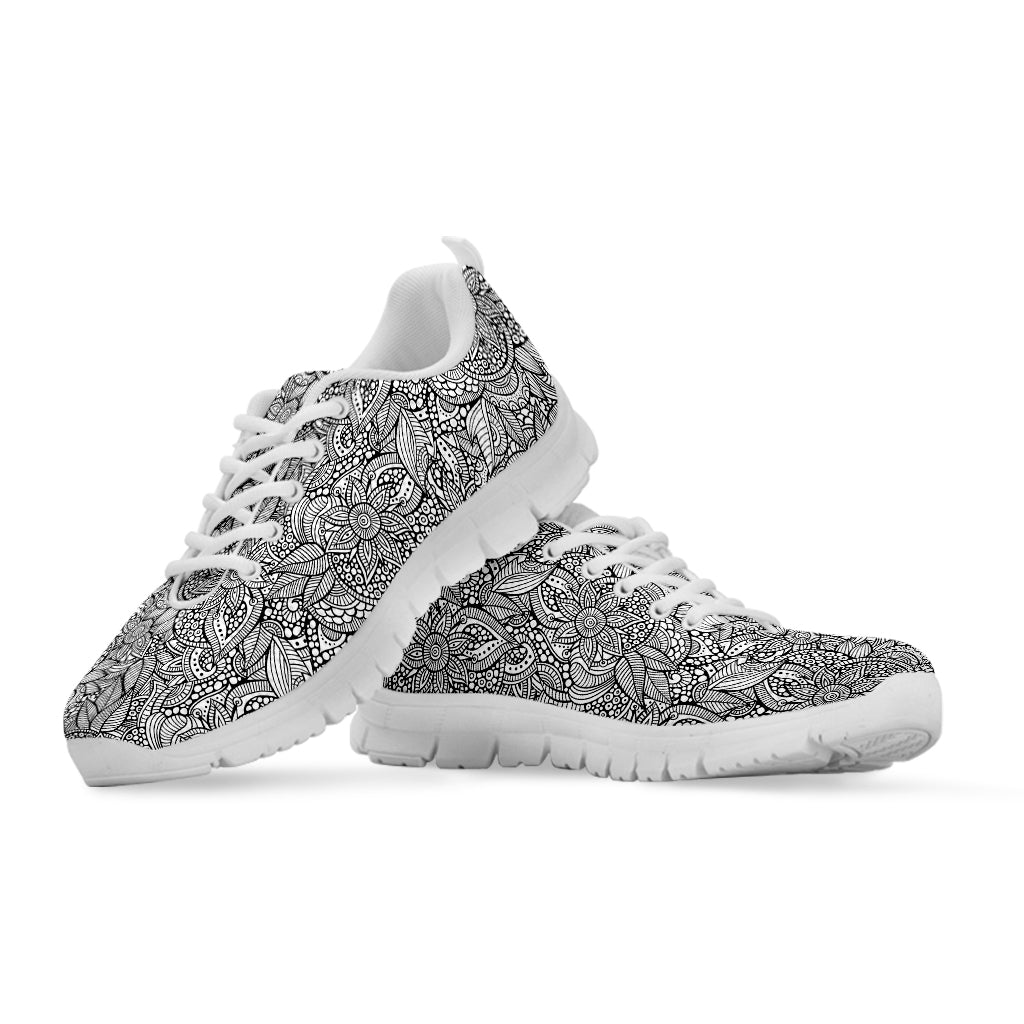 Monochrome Zentangle Pattern Print White Sneakers
