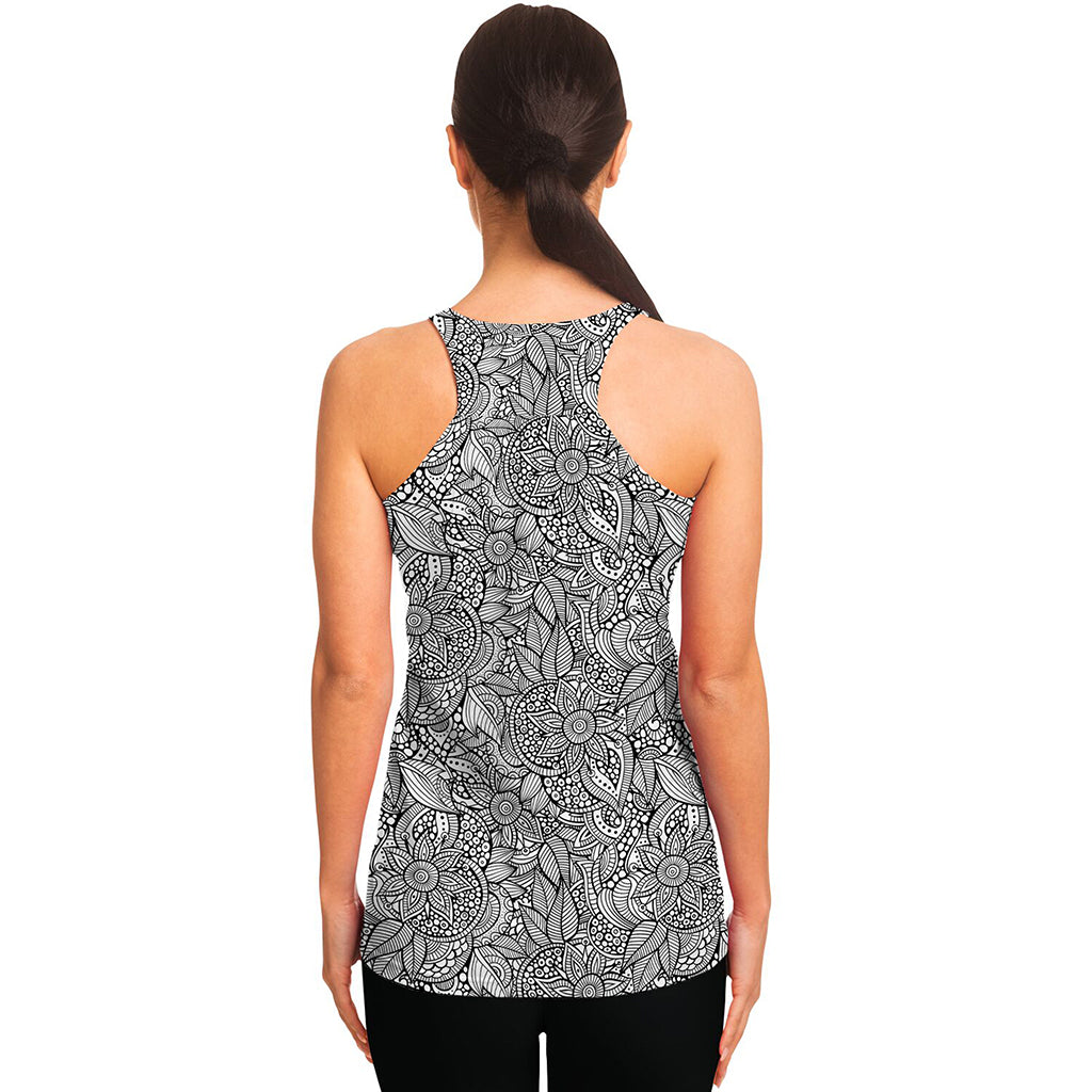 Monochrome Zentangle Pattern Print Women's Racerback Tank Top