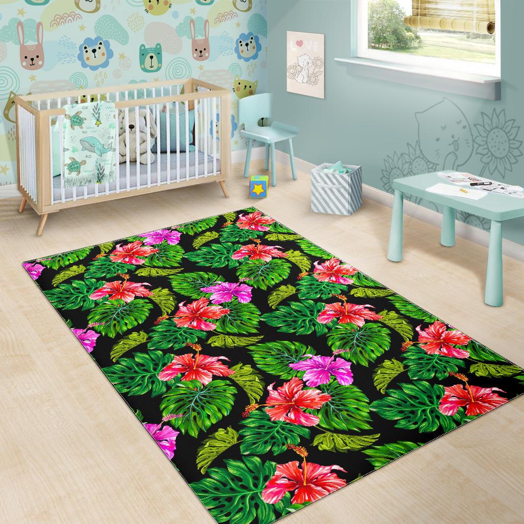 Monstera Hibiscus Hawaii Pattern Print Area Rug GearFrost
