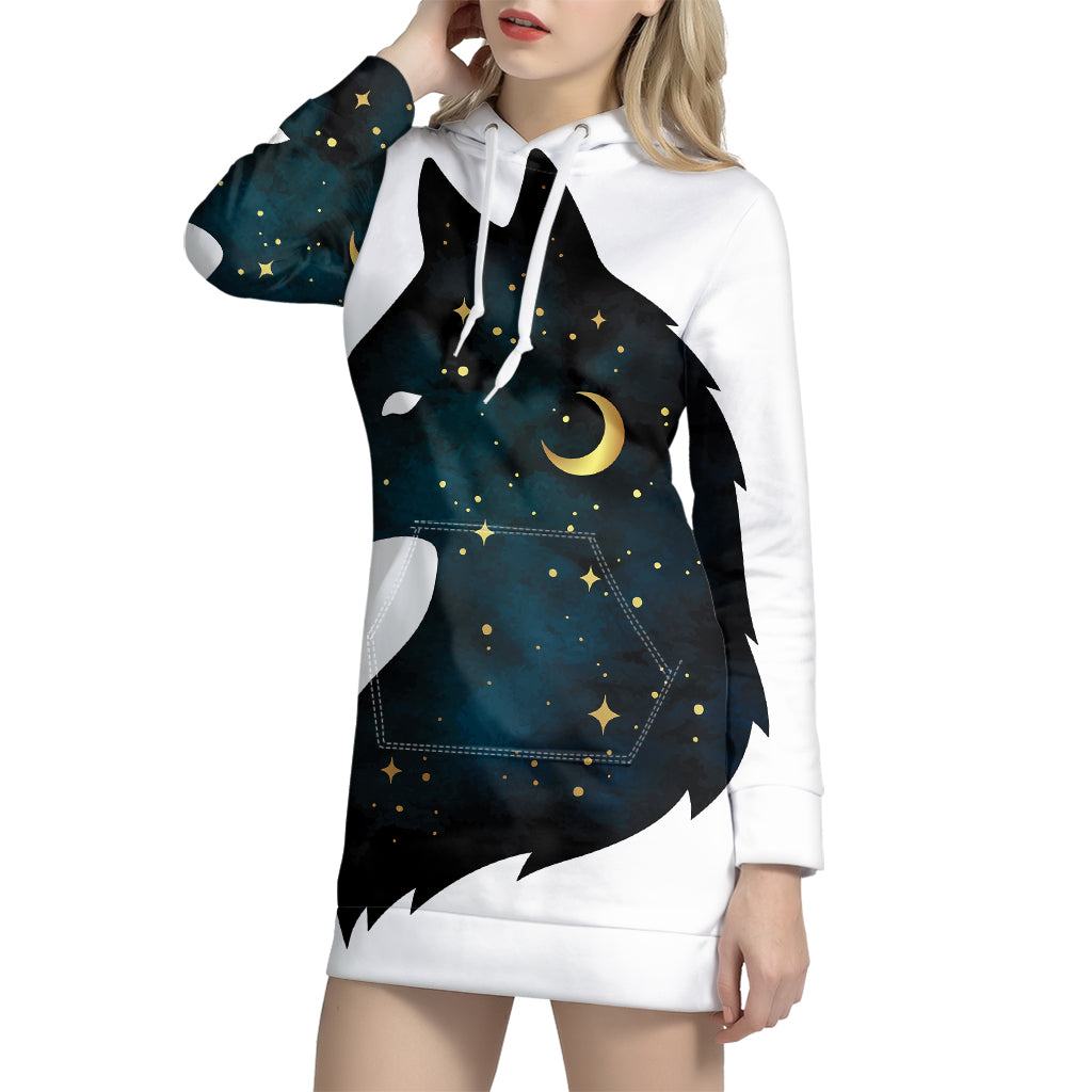 Moon And Stars Wolf Spirit Print Pullover Hoodie Dress