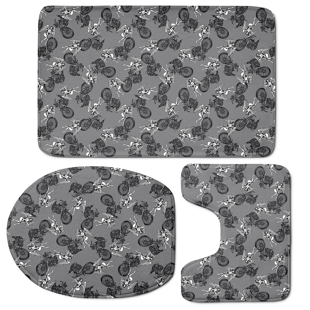 Motorcycle And Angel Pattern Print 3 Piece Bath Mat Set