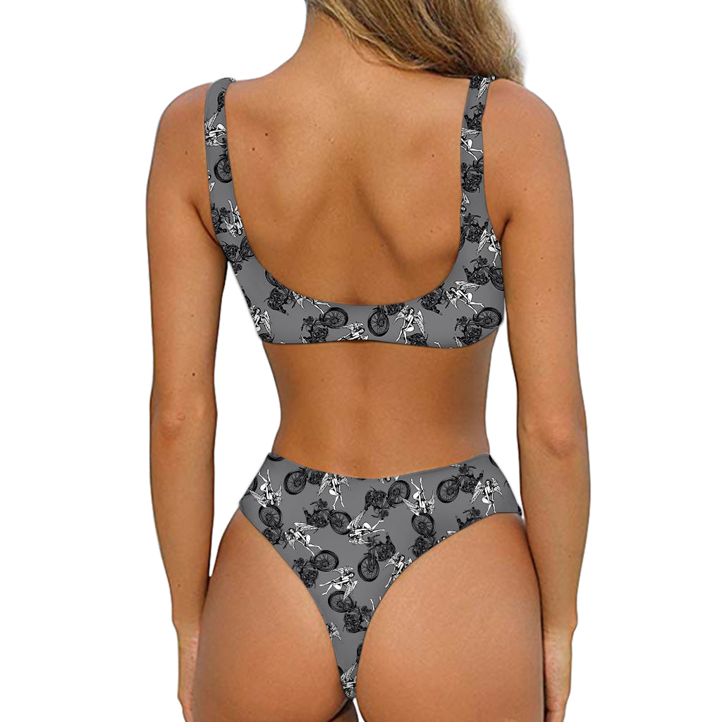 Motorcycle And Angel Pattern Print Front Bow Tie Bikini