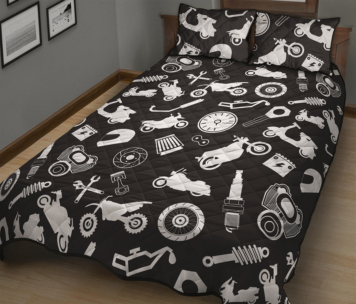 Motorcycle Equipment Pattern Print Quilt Bed Set