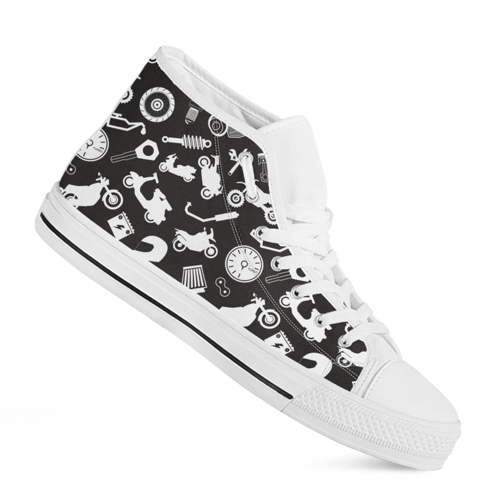Motorcycle Equipment Pattern Print White High Top Shoes