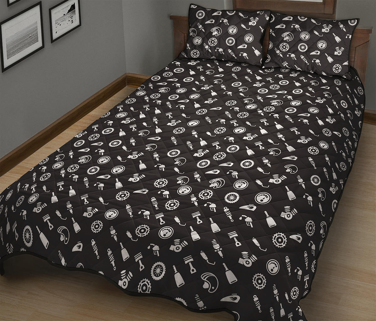 Motorcycle Parts Pattern Print Quilt Bed Set