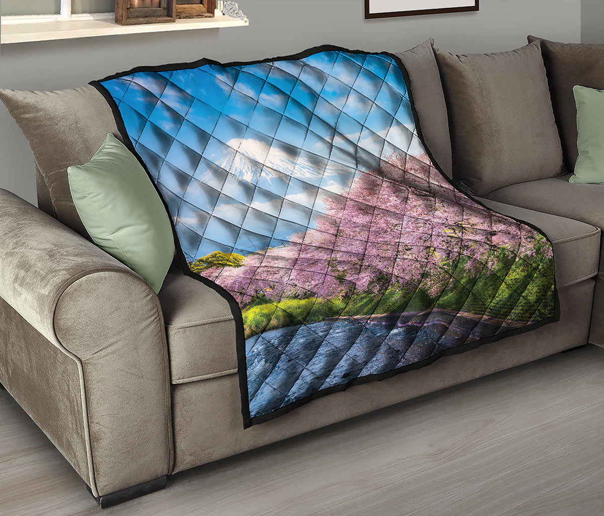 Mount Fuji And Cherry Blossom Print Quilt