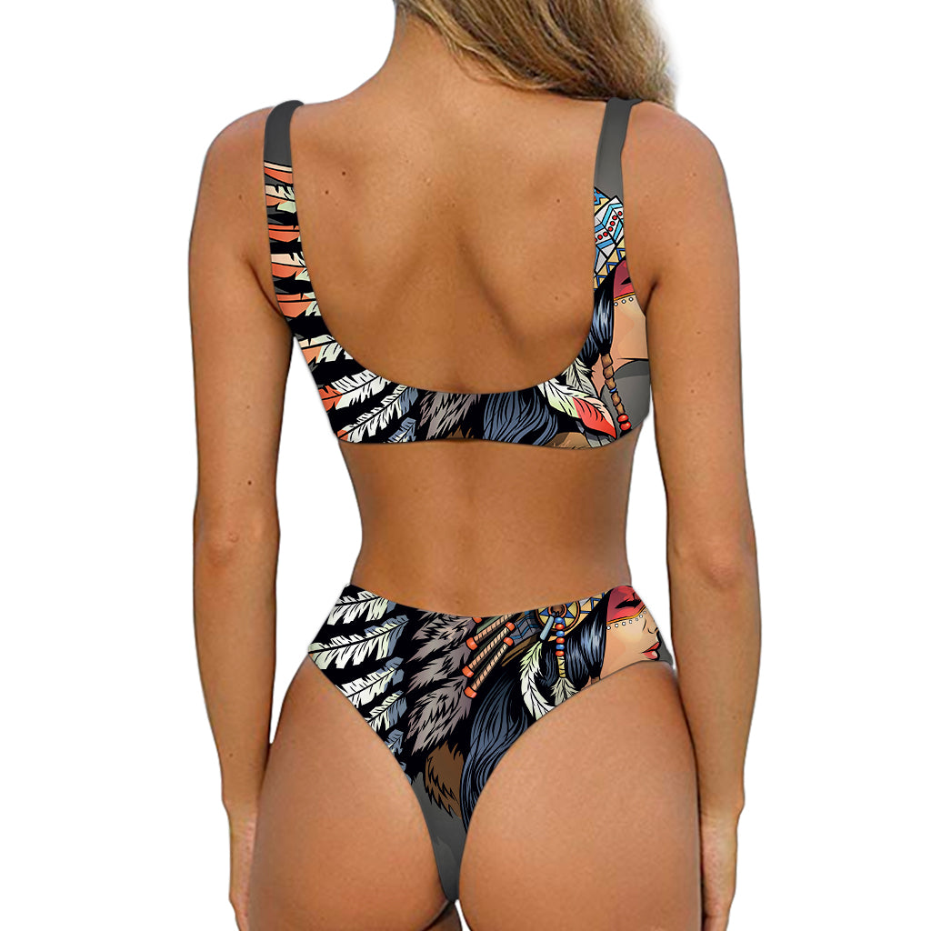 Native American Indian Girl Print Front Bow Tie Bikini