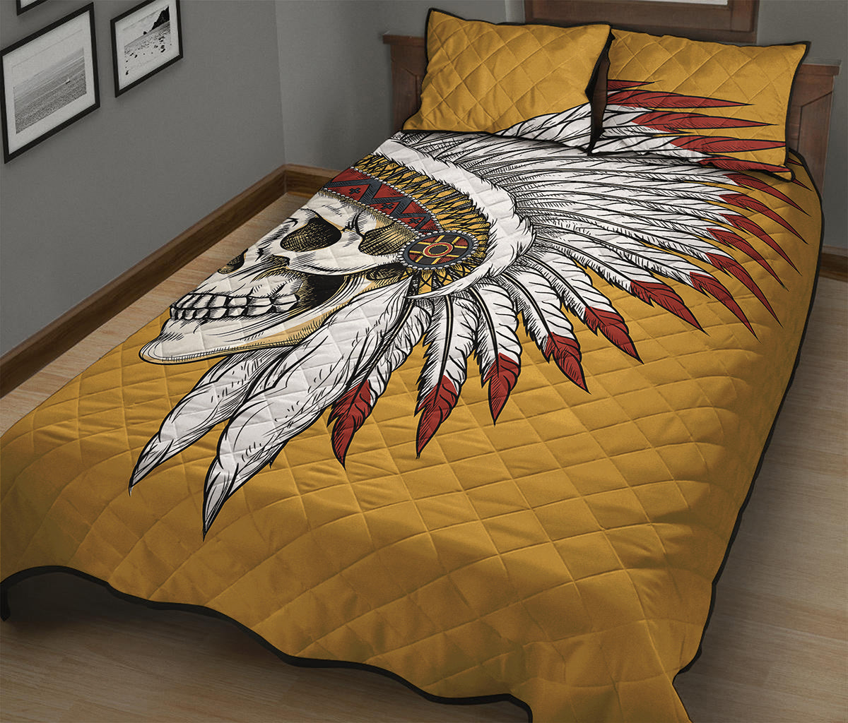 Native American Indian Skull Print Quilt Bed Set