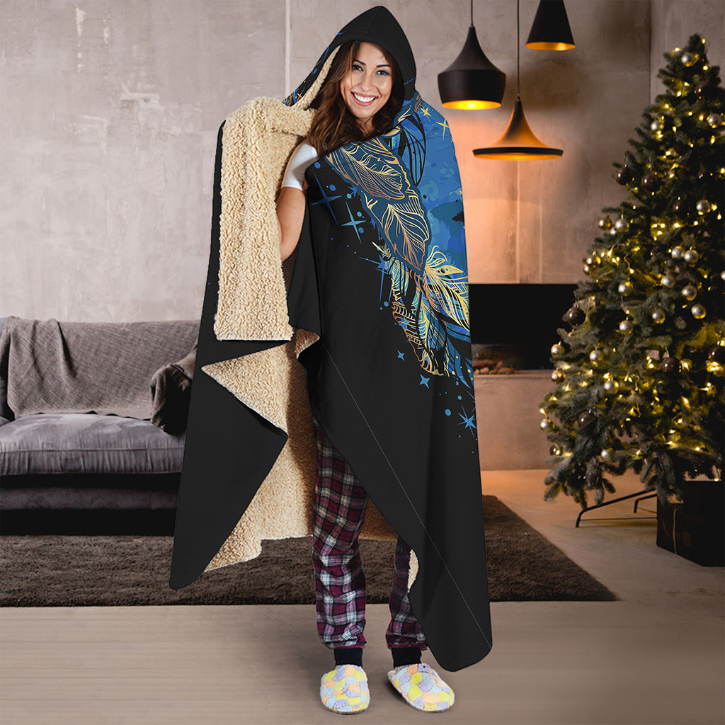 Native American Spiritual Wolf Print Hooded Blanket