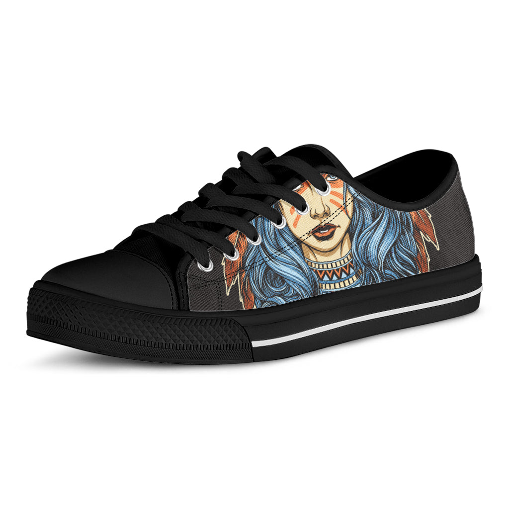 Native American Wolf Girl Print Black Low Top Shoes