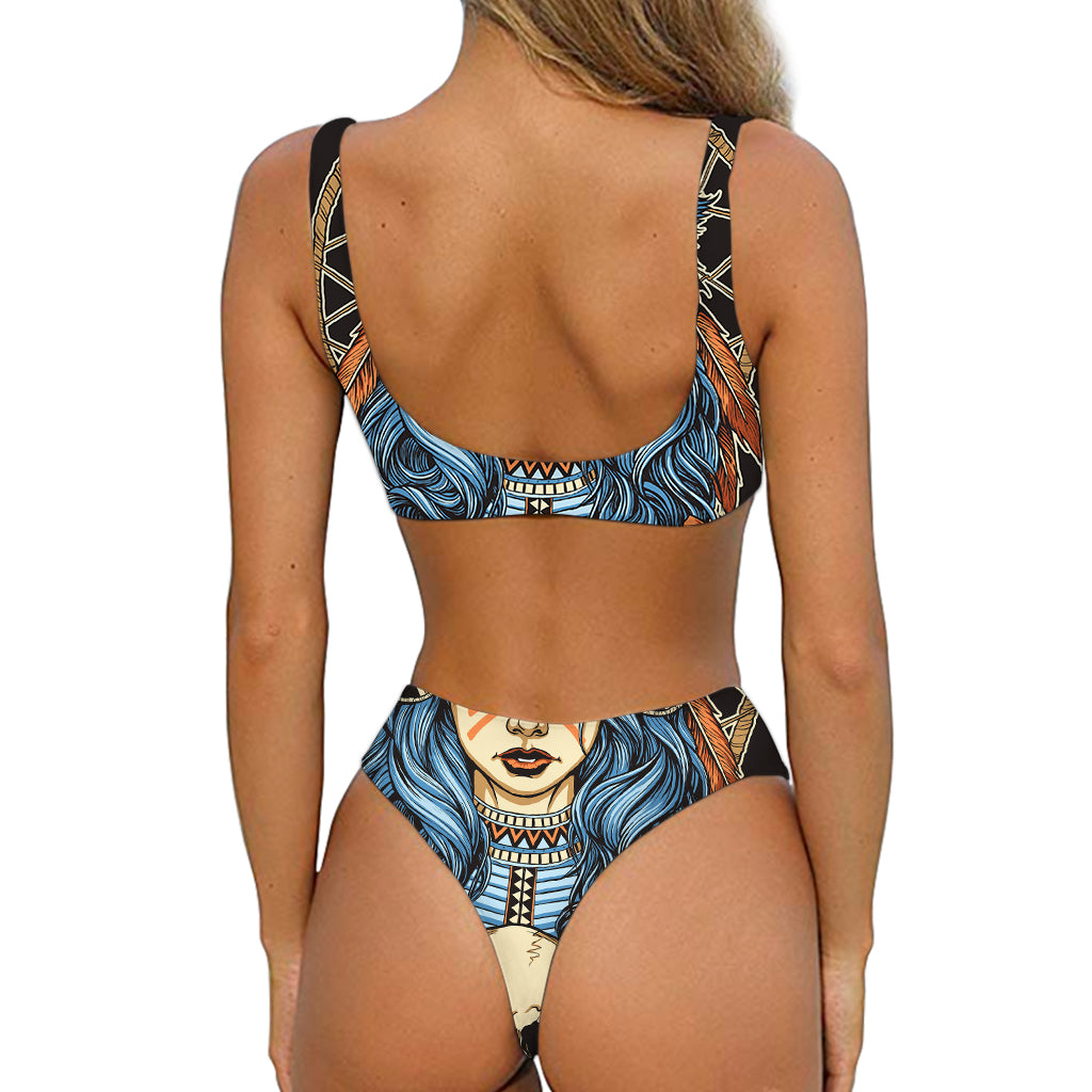 Native American Wolf Girl Print Front Bow Tie Bikini