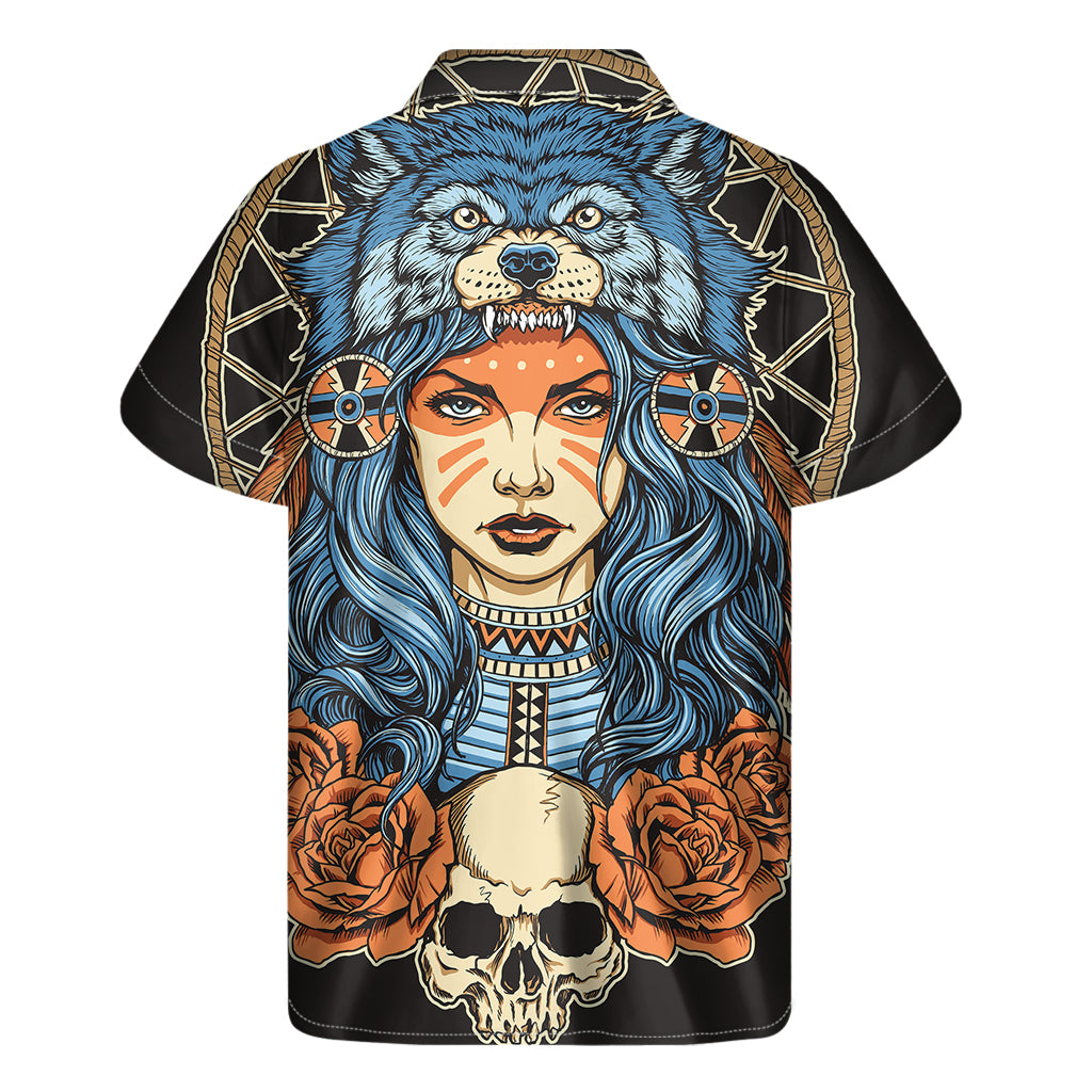 Native American Wolf Girl Print Men's Short Sleeve Shirt