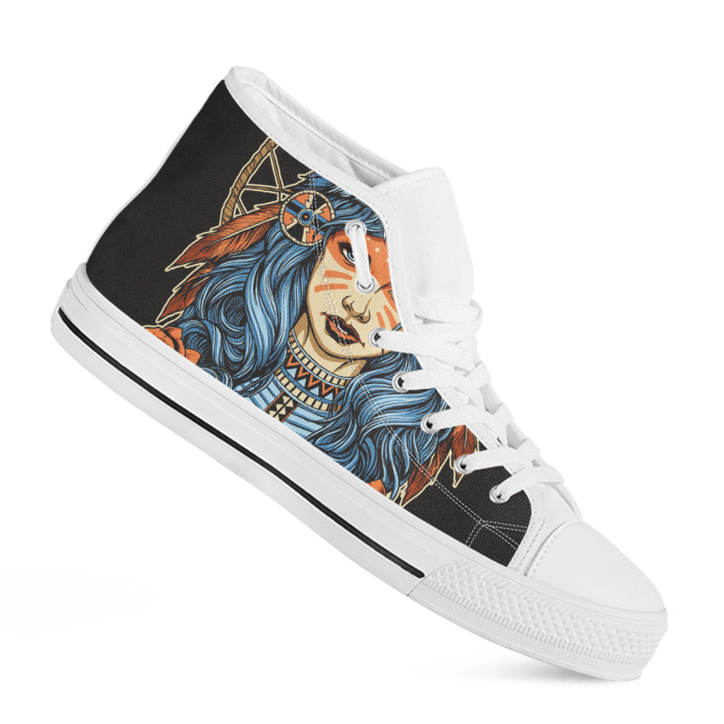 Native American Wolf Girl Print White High Top Shoes
