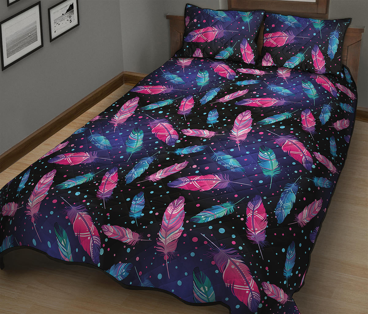 Native Feather Pattern Print Quilt Bed Set