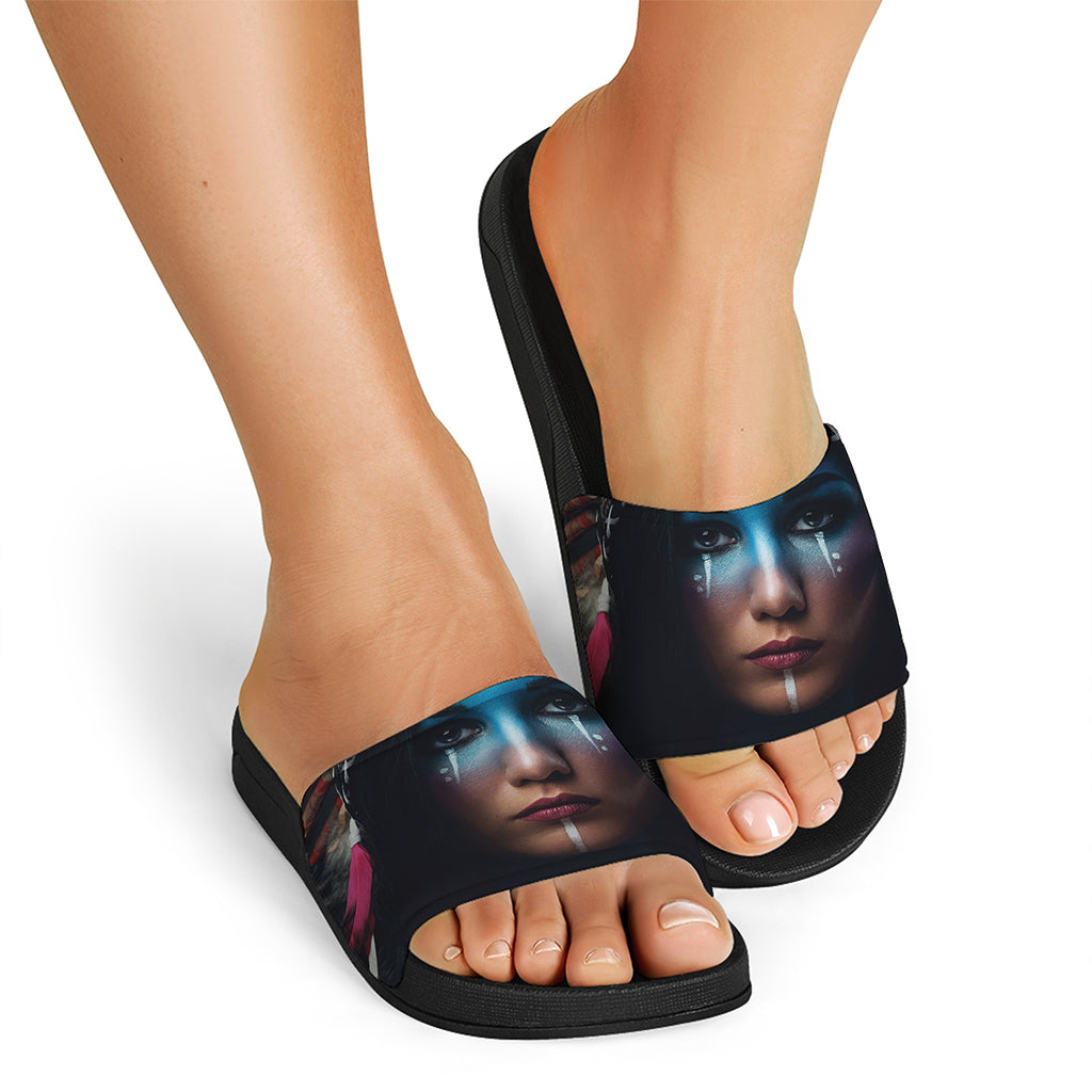 Native Indian Woman Portrait Print Black Slide Sandals