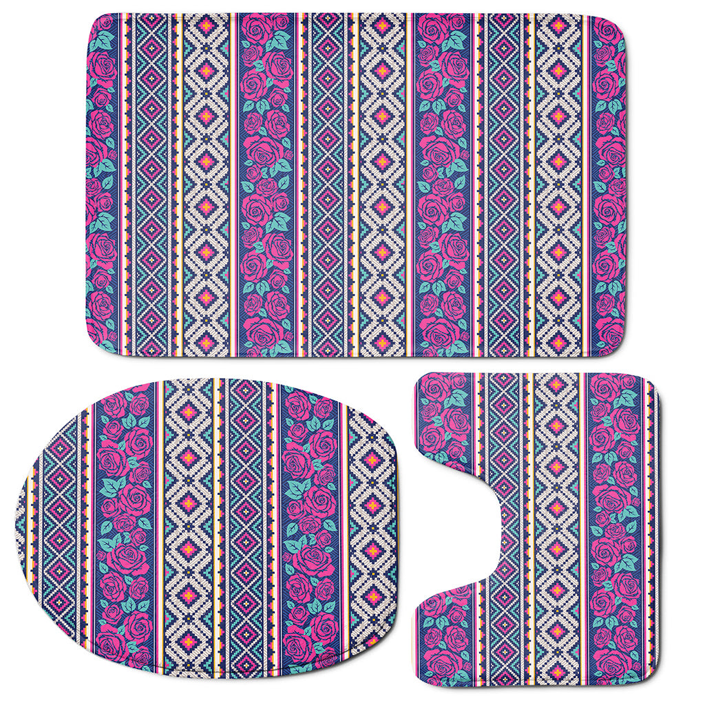 Native Tribal Ethnic Rose Pattern Print 3 Piece Bath Mat Set