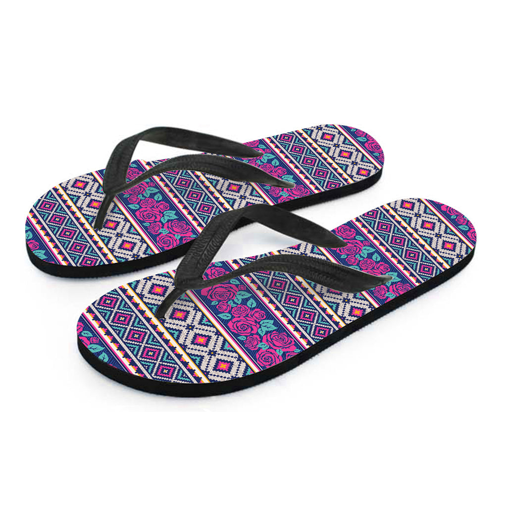 Native Tribal Ethnic Rose Pattern Print Flip Flops