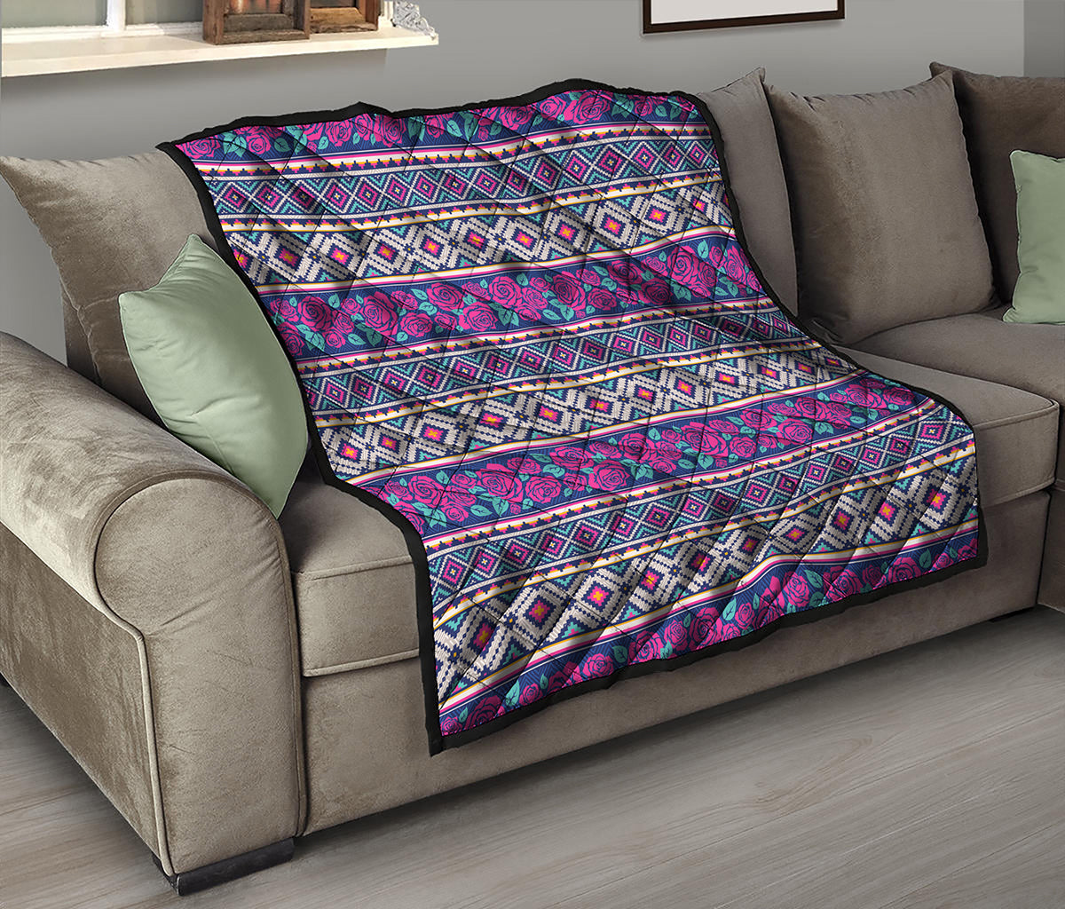 Native Tribal Ethnic Rose Pattern Print Quilt
