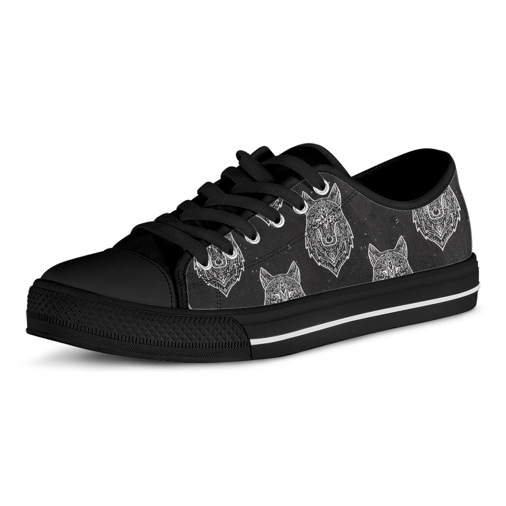 Native Tribal Wolf Pattern Print Black Low Top Shoes