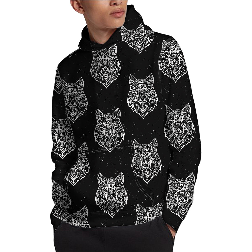 Native Tribal Wolf Pattern Print Pullover Hoodie
