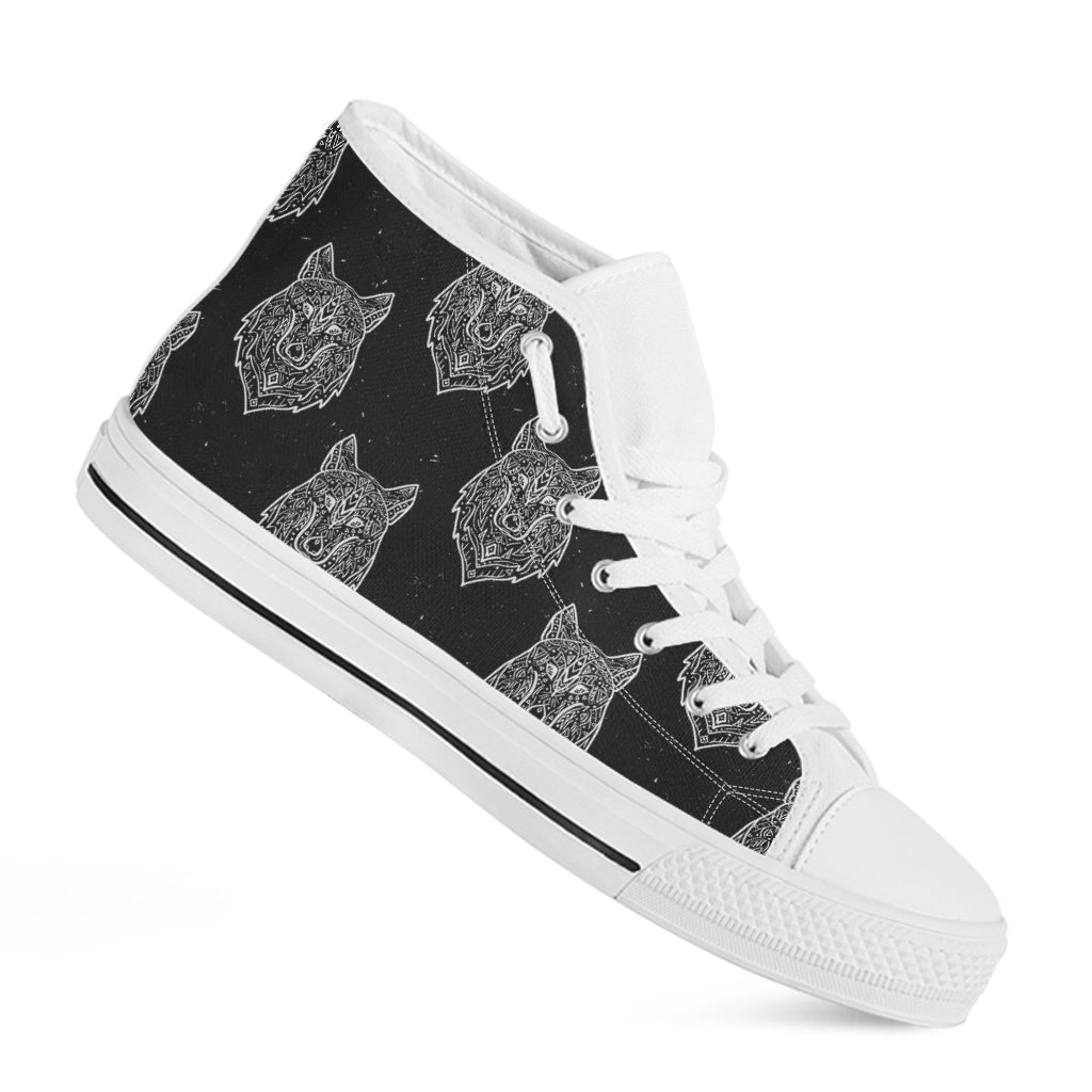 Native Tribal Wolf Pattern Print White High Top Shoes