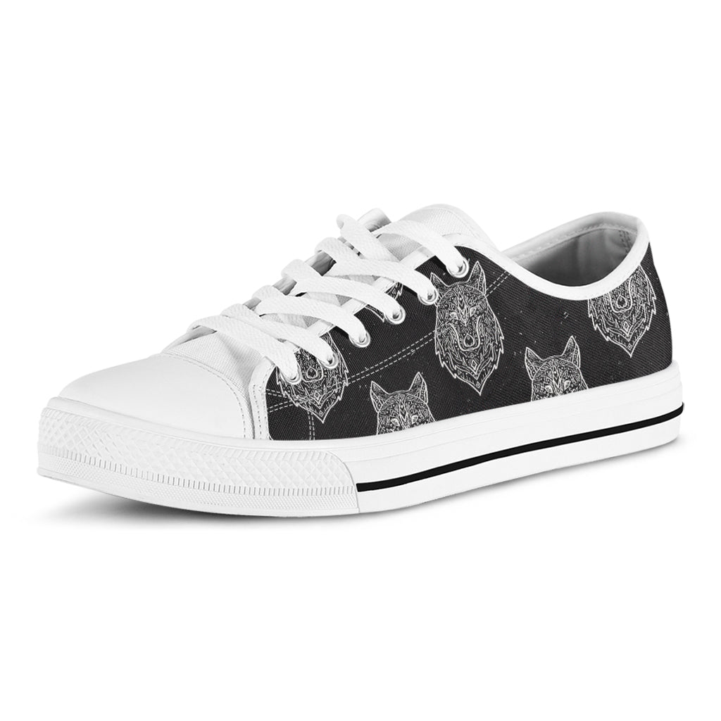 Native Tribal Wolf Pattern Print White Low Top Shoes