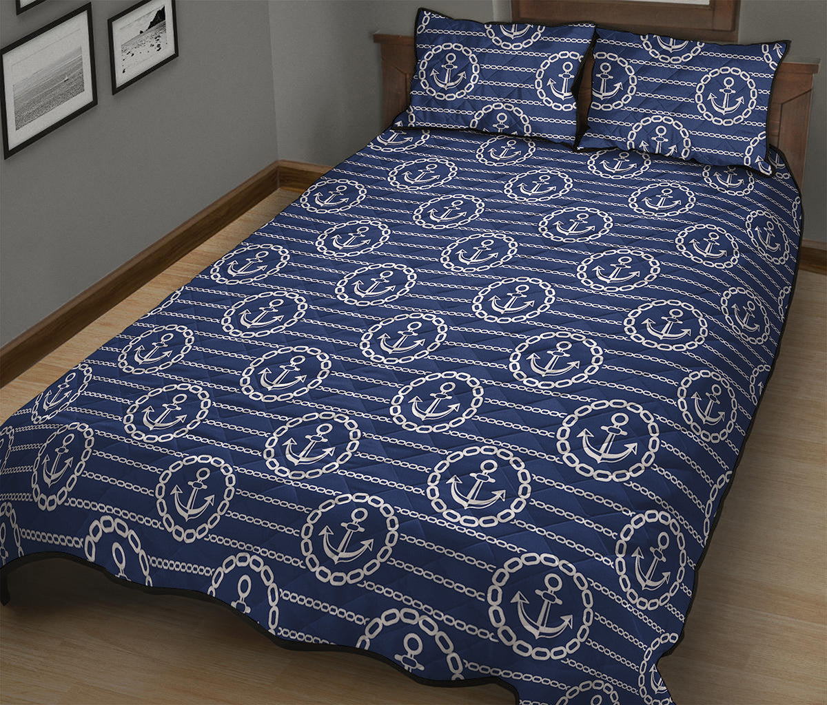 Nautical Anchor Pattern Print Quilt Bed Set
