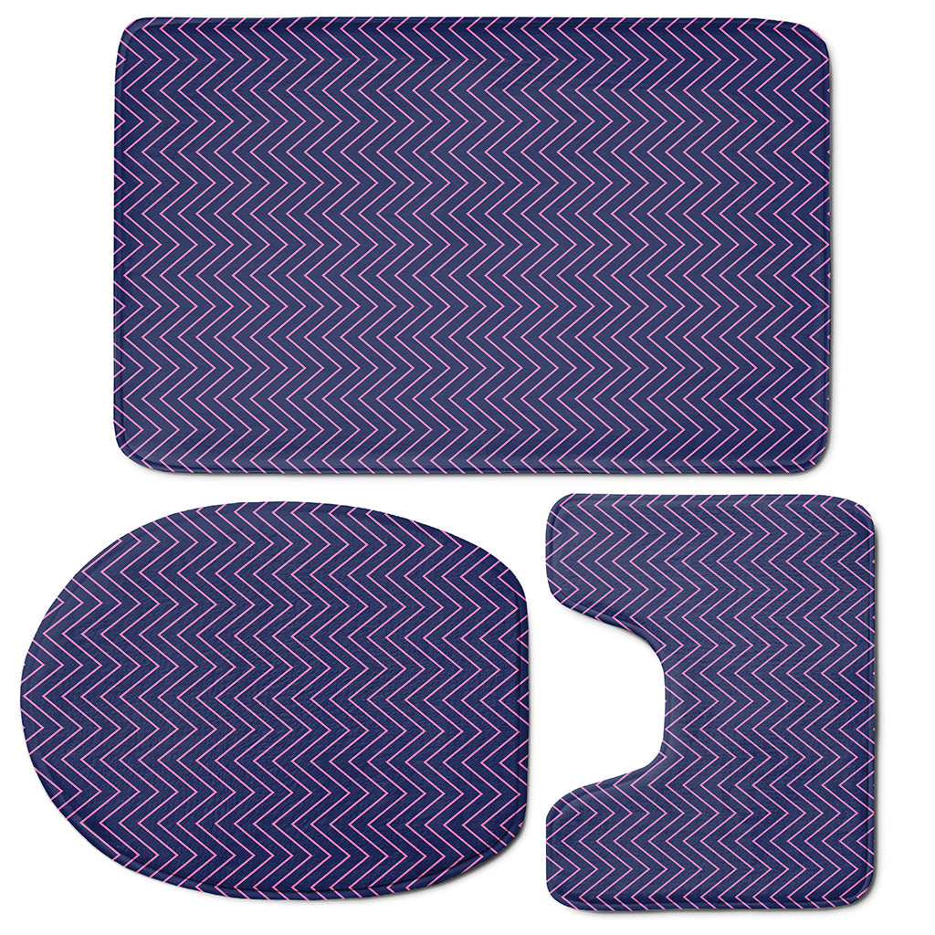 Navy And Pink Zigzag Pattern Print 3 Piece Bath Mat Set