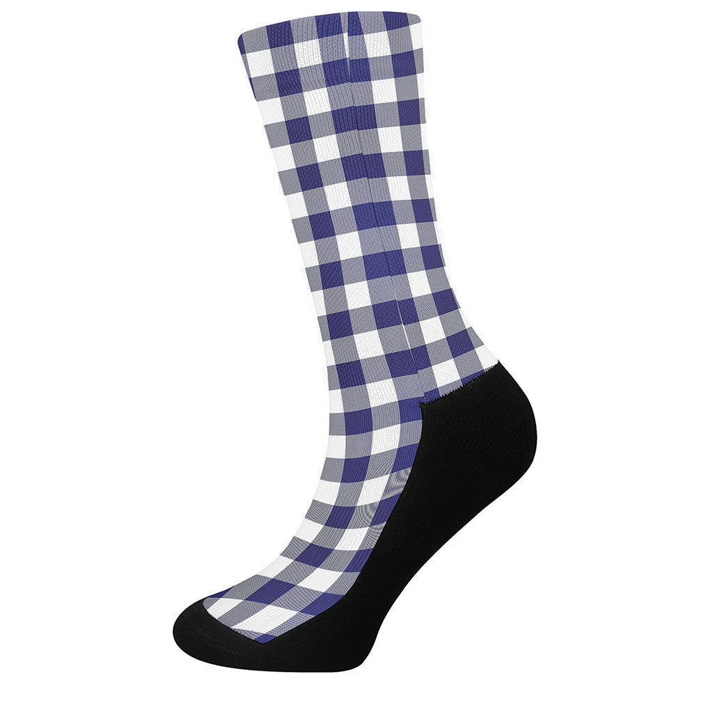 Navy And White Buffalo Check Print Crew Socks